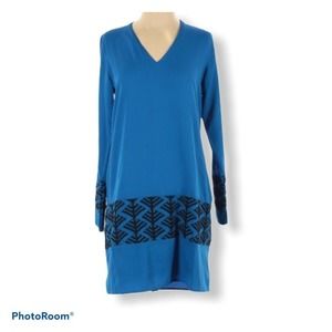 Anthropologie Chloe Oliver solid blue v neck embroidered shift dress size Small